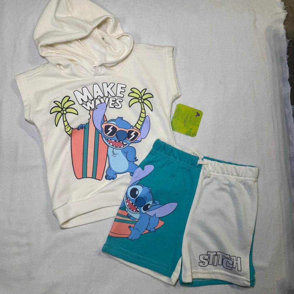 Disney Stitch Kids 2-Piece Set Sleeveless Hoodie and Shorts‎ Cream Teal 3T NEW